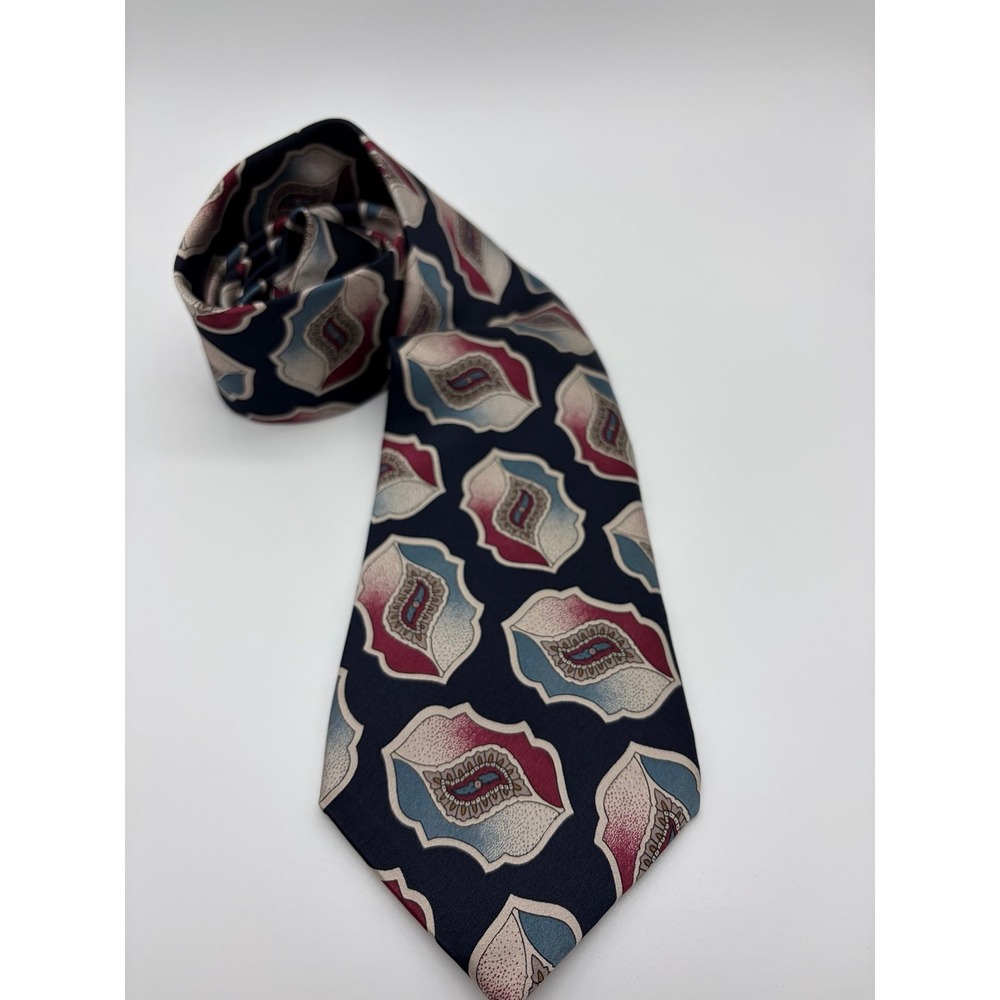 Pierre Cardin 100% Silk Necktie, Geometric/Paisley Motif Pattern, Navy/Red/Cream
